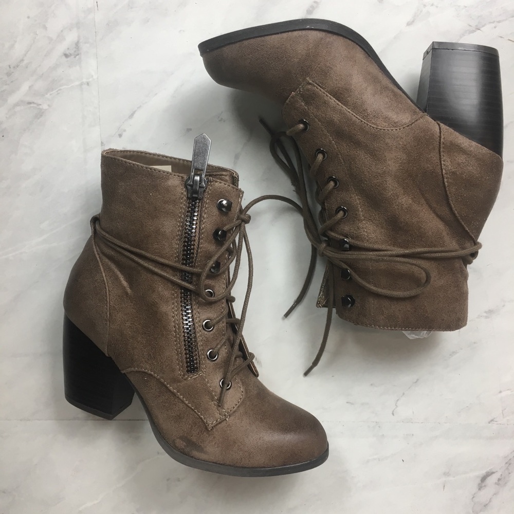 Qupid Maze-65 Taupe Heeled Booties, Boots, Lace up
